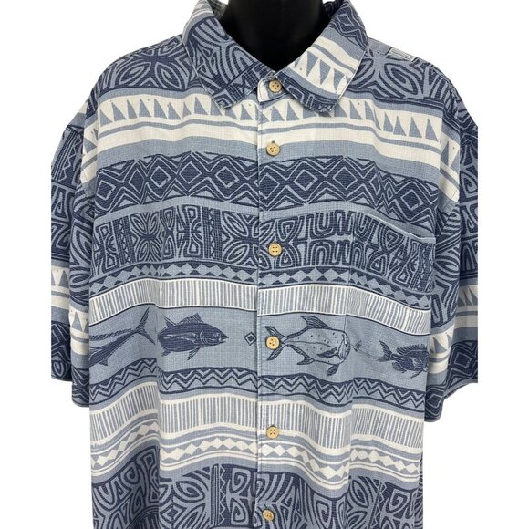 Quiksilver Waterman XXL Button-Up Shirt Blue Fish Short Sleeve Aloha Hawaiian - Picture 2 of 6